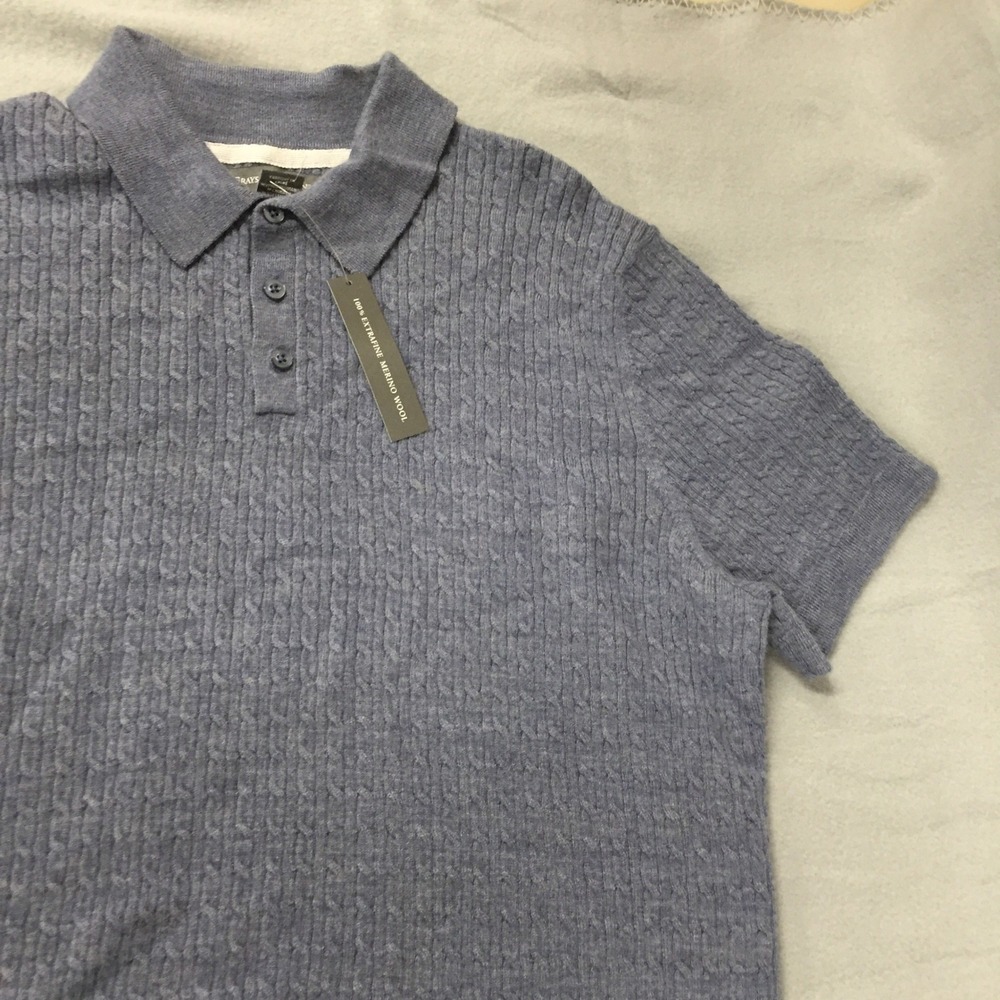 Grayson & Dunn Mens Extrafine Merino Wool Cable Knit Polo Sweater Blue Grey NWT